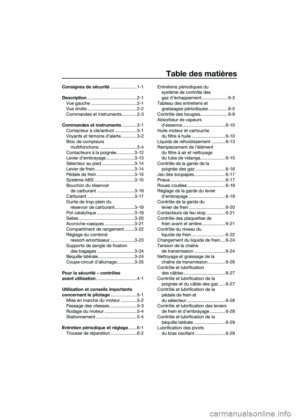 YAMAHA MT-03 2018 Notices Demploi (in French) Table des matières
Consignes de sécurité .....................1-1
Description ........................................2-1
Vue gauche .....................................2-1
Vue droite ........... YAMAHA MT-03 2018 Notices Demploi (in French) Table des matières
Consignes de sécurité .....................1-1
Description ........................................2-1
Vue gauche .....................................2-1
Vue droite ...........