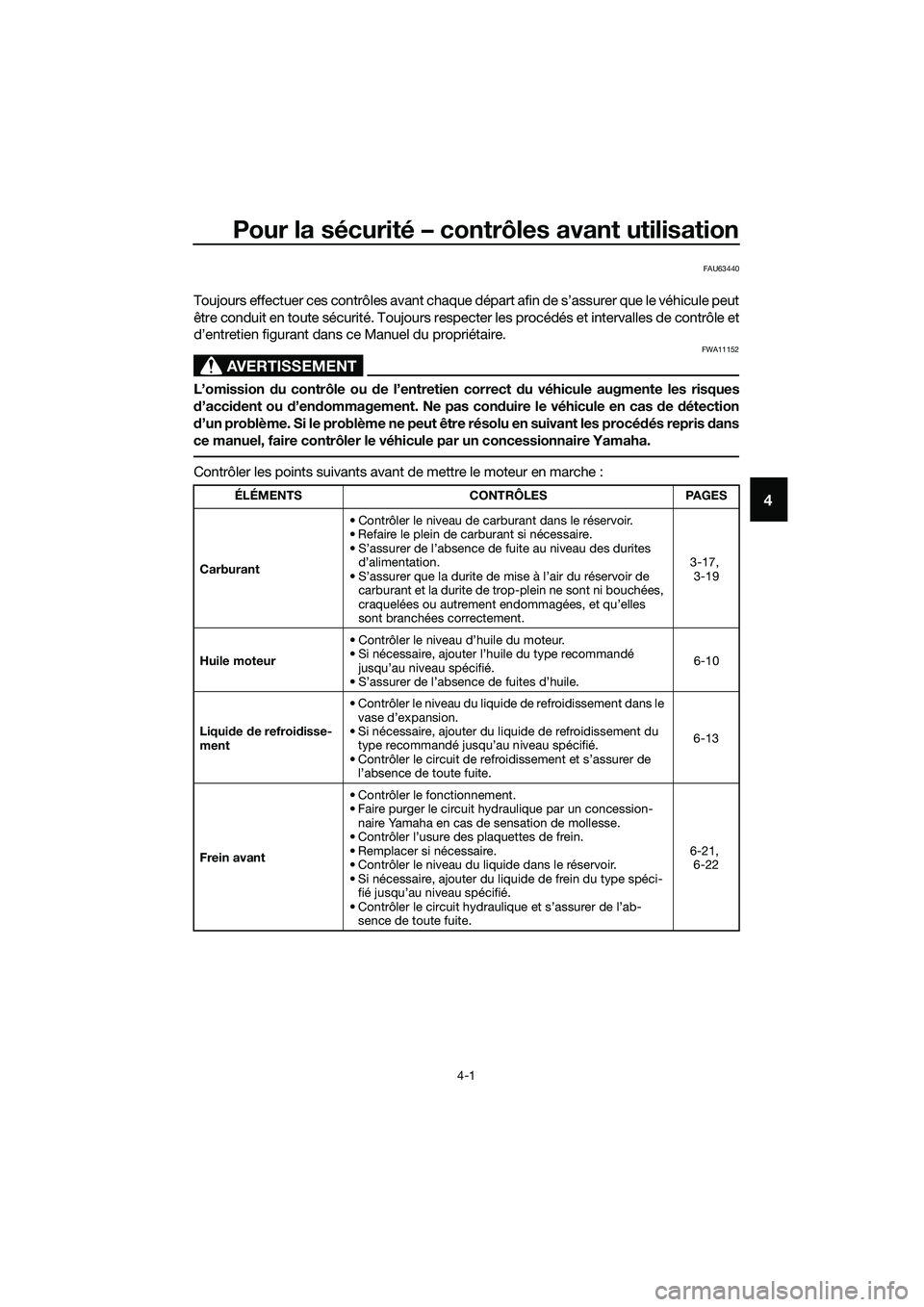 YAMAHA MT-03 2018 Notices Demploi (in French) Pour la sécurité – contrôles avant utilisation
4-1
4
FAU63440
Toujours effectuer ces contrôles avant chaque départ afin de s’assurer que le véhicule peut
être conduit en toute sécurité. T YAMAHA MT-03 2018 Notices Demploi (in French) Pour la sécurité – contrôles avant utilisation
4-1
4
FAU63440
Toujours effectuer ces contrôles avant chaque départ afin de s’assurer que le véhicule peut
être conduit en toute sécurité. T