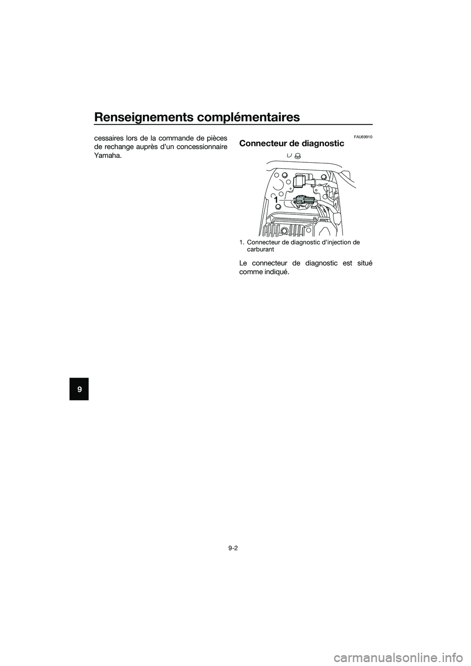 YAMAHA MT-03 2018 Notices Demploi (in French) Renseignements complémentaires
9-2
9
cessaires lors de la commande de pièces
de rechange auprès d’un concessionnaire
Yamaha.FAU69910
Connecteur de diagnostic
Le connecteur de diagnostic est sit YAMAHA MT-03 2018 Notices Demploi (in French) Renseignements complémentaires
9-2
9
cessaires lors de la commande de pièces
de rechange auprès d’un concessionnaire
Yamaha.FAU69910
Connecteur de diagnostic
Le connecteur de diagnostic est sit