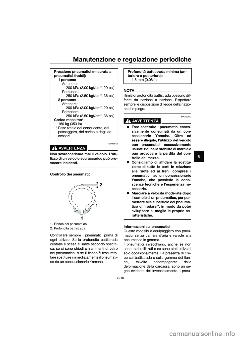 YAMAHA MT-03 2018  Manuale duso (in Italian) Manutenzione e regolazione perio diche
6-16
6
AVVERTENZA
HWA10512
Non sovraccaricare mai il veicolo. L’uti-
lizzo  di un veicolo sovraccarico può pro-
vocare inci denti.
Controllo  dei pneumatici
C
