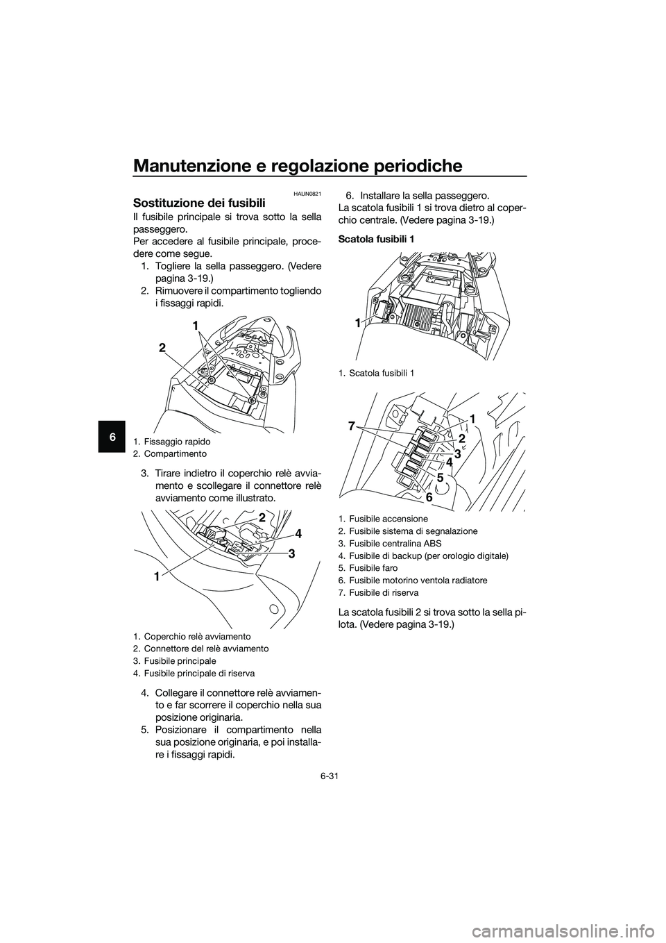 YAMAHA MT-03 2018  Manuale duso (in Italian) Manutenzione e regolazione perio diche
6-31
6
HAUN0821
Sostituzione  dei fusibili
Il fusibile principale si trova sotto la sella
passeggero.
Per accedere al fusibile principale, proce-
dere come segue