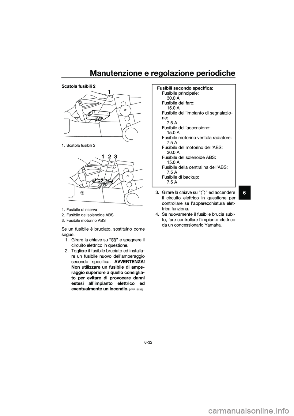 YAMAHA MT-03 2018  Manuale duso (in Italian) Manutenzione e regolazione perio diche
6-32
6
Scatola fusibili 2
Se un fusibile è bruciato, sostituirlo come
segue.
1. Girare la chiave su “ ” e spegnere il
circuito elettrico in questione.
2. To