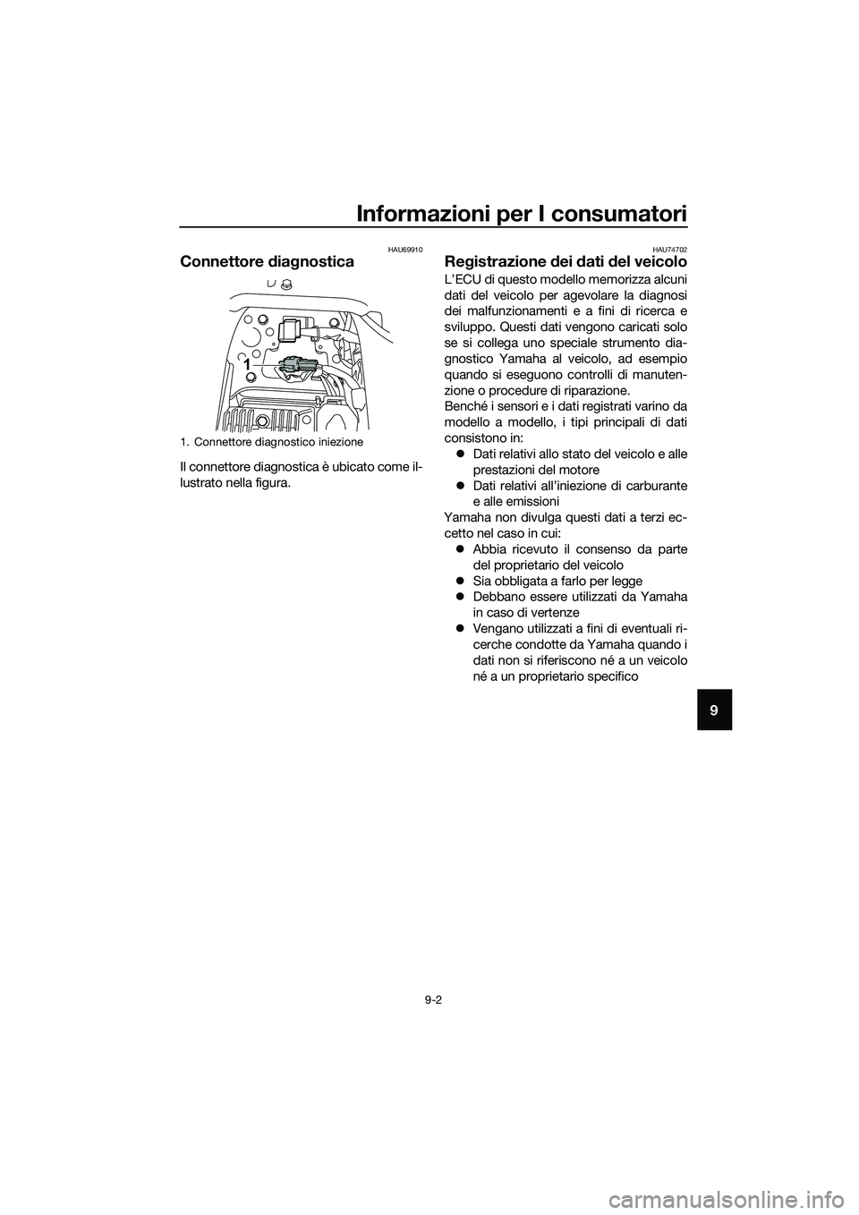 YAMAHA MT-03 2018 Manuale duso (in Italian) Informazioni per I consumatori
9-2
9
HAU69910
Connettore dia gnostica
Il connettore diagnostica è ubicato come il-
lustrato nella figura.
HAU74702
Re gistrazione dei dati del veicolo
L’ECU di qu YAMAHA MT-03 2018 Manuale duso (in Italian) Informazioni per I consumatori
9-2
9
HAU69910
Connettore dia gnostica
Il connettore diagnostica è ubicato come il-
lustrato nella figura.
HAU74702
Re gistrazione dei dati del veicolo
L’ECU di qu