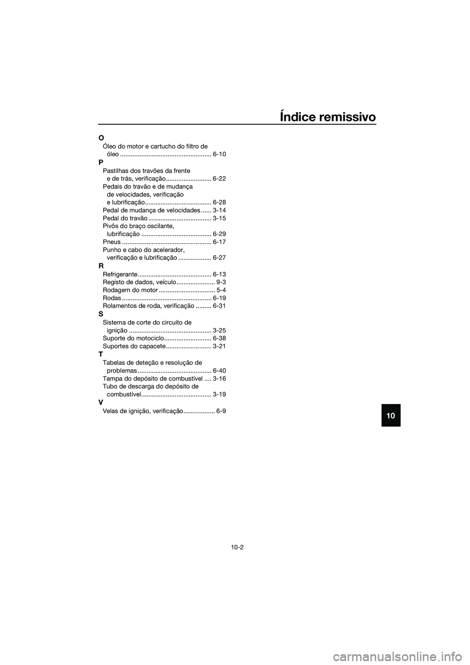 YAMAHA MT-03 2018 Manual de utilização (in Portuguese) Índice remissivo
10-2
10
O
Óleo do motor e cartucho do filtro de
óleo .................................................... 6-10
P
Pastilhas dos travões da frente e de trás, verificação........ YAMAHA MT-03 2018 Manual de utilização (in Portuguese) Índice remissivo
10-2
10
O
Óleo do motor e cartucho do filtro de
óleo .................................................... 6-10
P
Pastilhas dos travões da frente e de trás, verificação........