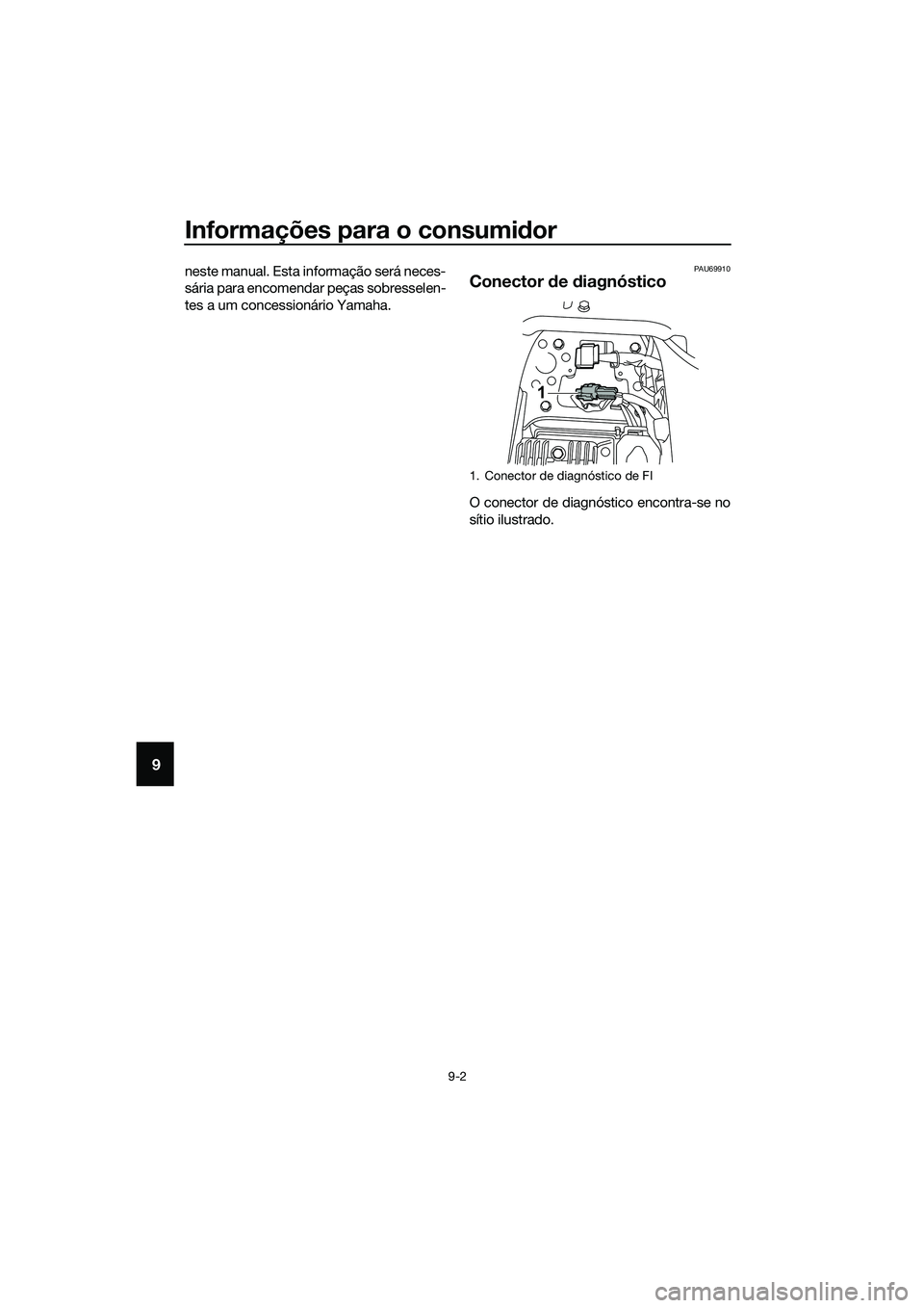 YAMAHA MT-03 2018 Manual de utilização (in Portuguese) Informações para o consumidor
9-2
9
neste manual. Esta informação será neces-
sária para encomendar peças sobresselen-
tes a um concessionário Yamaha.PAU69910
Conector de diagnóstico
O cone YAMAHA MT-03 2018 Manual de utilização (in Portuguese) Informações para o consumidor
9-2
9
neste manual. Esta informação será neces-
sária para encomendar peças sobresselen-
tes a um concessionário Yamaha.PAU69910
Conector de diagnóstico
O cone