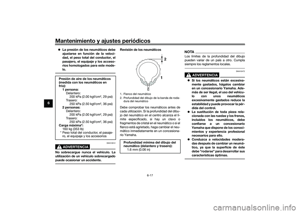 YAMAHA MT-03 2016  Manuale de Empleo (in Spanish) Mantenimiento y ajustes periódicos
6-17
6
 La presión d e los neumáticos d ebe
ajustarse en función  de la veloci-
d ad , el peso total  del con ductor, el
pasajero, el equipaje y los acceso-
r