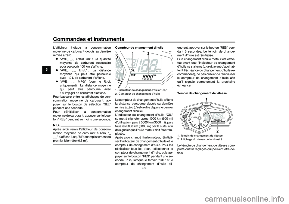 YAMAHA MT-03 2016 Notices Demploi (in French) Commandes et instruments
3-9
3
L’afficheur indique la consommation
moyenne de carburant depuis sa dernière
remise à zéro.
“AVE_ _._ L/100 km” : La quantité
moyenne de carburant nécessai YAMAHA MT-03 2016 Notices Demploi (in French) Commandes et instruments
3-9
3
L’afficheur indique la consommation
moyenne de carburant depuis sa dernière
remise à zéro.
“AVE_ _._ L/100 km” : La quantité
moyenne de carburant nécessai