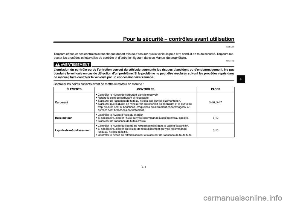 YAMAHA MT-03 2016  Notices Demploi (in French) Pour la sécurité – contrôles avant utilisation
4-1
4
FAU15599
Toujours effectuer ces contrôles avant chaque départ afin de s’assurer que le véhicule peut être conduit en toute sécurité. T