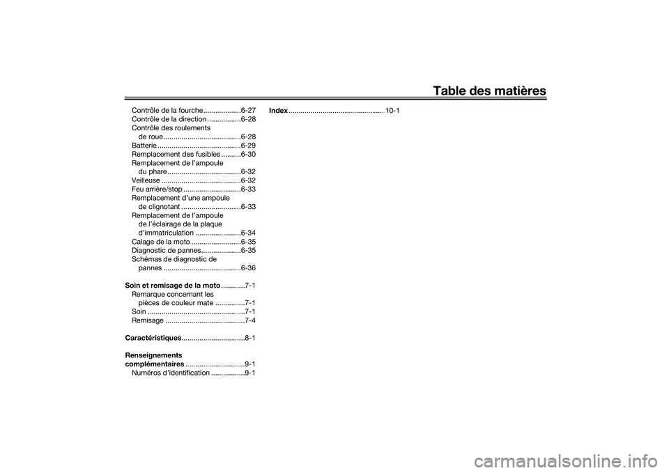 YAMAHA MT-03 2016  Notices Demploi (in French) Table des matières
Contrôle de la fourche ...................6-27
Contrôle de la direction .................6-28
Contrôle des roulements 
de roue .......................................6-28
Batter