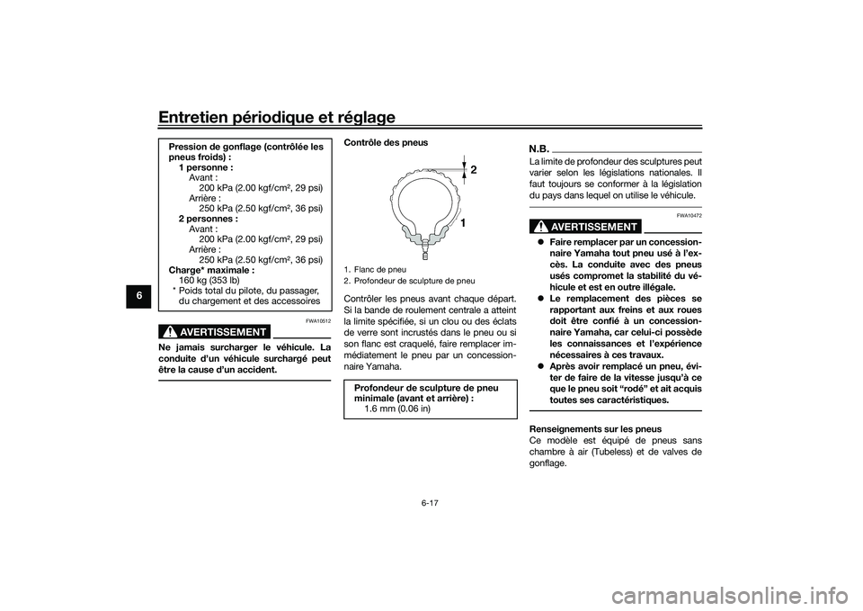 YAMAHA MT-03 2016 Notices Demploi (in French) Entretien périodique et réglage
6-17
6
AVERTISSEMENT
FWA10512
Ne jamais surcharger le véhicule. La
con duite d’un véhicule surchargé peut
être la cause d’un acci dent.
Contrôle des pneus YAMAHA MT-03 2016 Notices Demploi (in French) Entretien périodique et réglage
6-17
6
AVERTISSEMENT
FWA10512
Ne jamais surcharger le véhicule. La
con duite d’un véhicule surchargé peut
être la cause d’un acci dent.
Contrôle des pneus