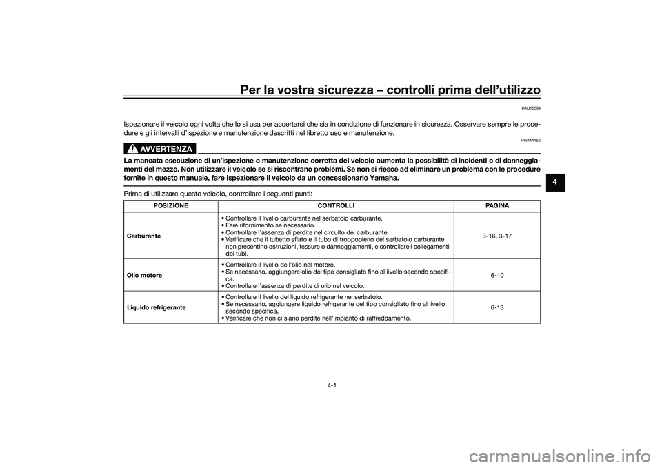 YAMAHA MT-03 2016 Manuale duso (in Italian) Per la vostra sicurezza – controlli prima dell’utilizzo
4-1
4
HAU15599
Ispezionare il veicolo ogni volta che lo si usa per accertarsi ch e sia in condizione di funzionare in sicurezza. Osservare s YAMAHA MT-03 2016 Manuale duso (in Italian) Per la vostra sicurezza – controlli prima dell’utilizzo
4-1
4
HAU15599
Ispezionare il veicolo ogni volta che lo si usa per accertarsi ch e sia in condizione di funzionare in sicurezza. Osservare s