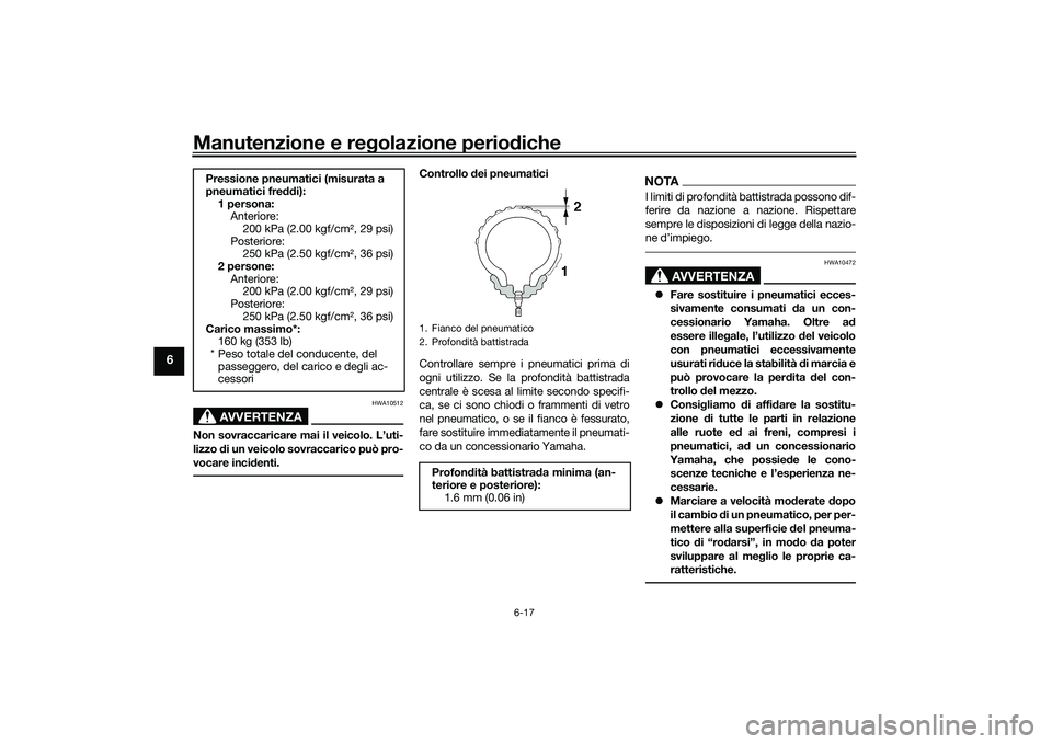 YAMAHA MT-03 2016 Manuale duso (in Italian) Manutenzione e regolazione perio diche
6-17
6
AVVERTENZA
HWA10512
Non sovraccaricare mai il veicolo. L’uti-
lizzo di un veicolo sovraccarico può pro-
vocare inci denti.
Controllo dei pneumatici
C YAMAHA MT-03 2016 Manuale duso (in Italian) Manutenzione e regolazione perio diche
6-17
6
AVVERTENZA
HWA10512
Non sovraccaricare mai il veicolo. L’uti-
lizzo di un veicolo sovraccarico può pro-
vocare inci denti.
Controllo dei pneumatici
C