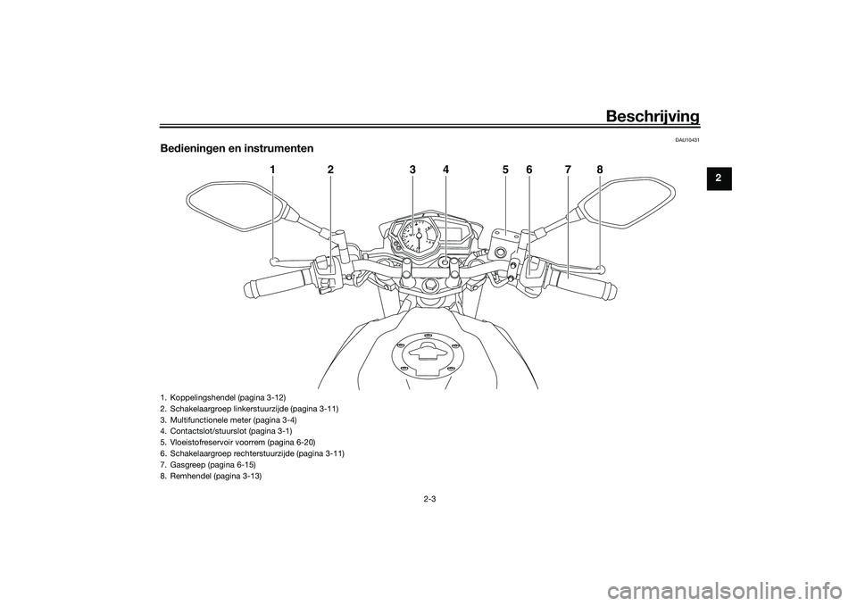 YAMAHA MT-03 2016 Instructieboekje (in Dutch) Beschrijving
2-3
2
DAU10431
Bedienin gen en instrumenten
1
2
3
4
5
6
7
8
1. Koppelingshendel (pagina 3-12)
2. Schakelaargroep linkerstuurzijde (pagina 3-11)
3. Multifunctionele meter (pagina 3-4)
4. C YAMAHA MT-03 2016 Instructieboekje (in Dutch) Beschrijving
2-3
2
DAU10431
Bedienin gen en instrumenten
1
2
3
4
5
6
7
8
1. Koppelingshendel (pagina 3-12)
2. Schakelaargroep linkerstuurzijde (pagina 3-11)
3. Multifunctionele meter (pagina 3-4)
4. C