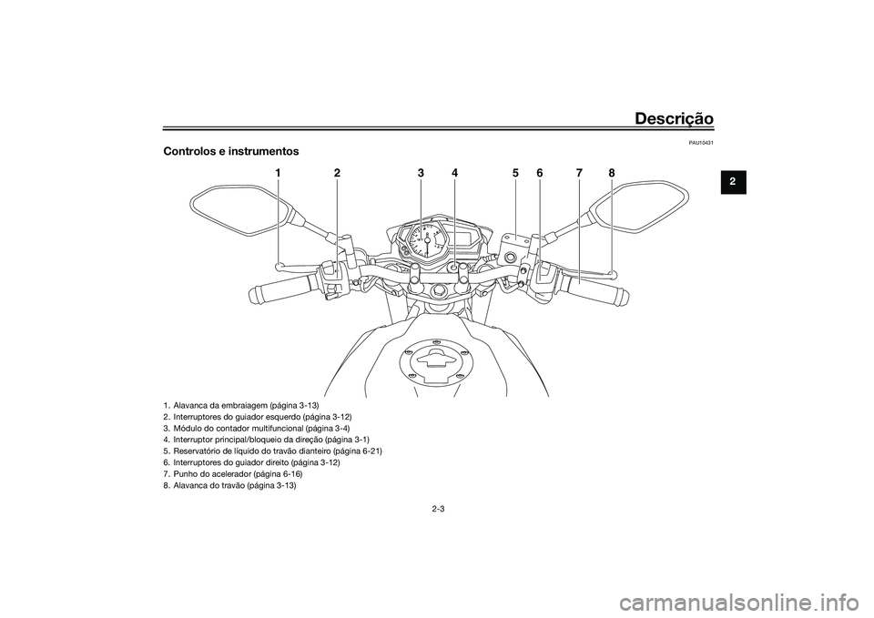 YAMAHA MT-03 2016  Manual de utilização (in Portuguese) Descrição
2-3
2
PAU10431
Controlos e instrumentos
1
2
3
4
5
6
7
8
1. Alavanca da embraiagem (página 3-13)
2. Interruptores do guiador esquerdo (página 3-12)
3. Módulo do contador multifuncional (