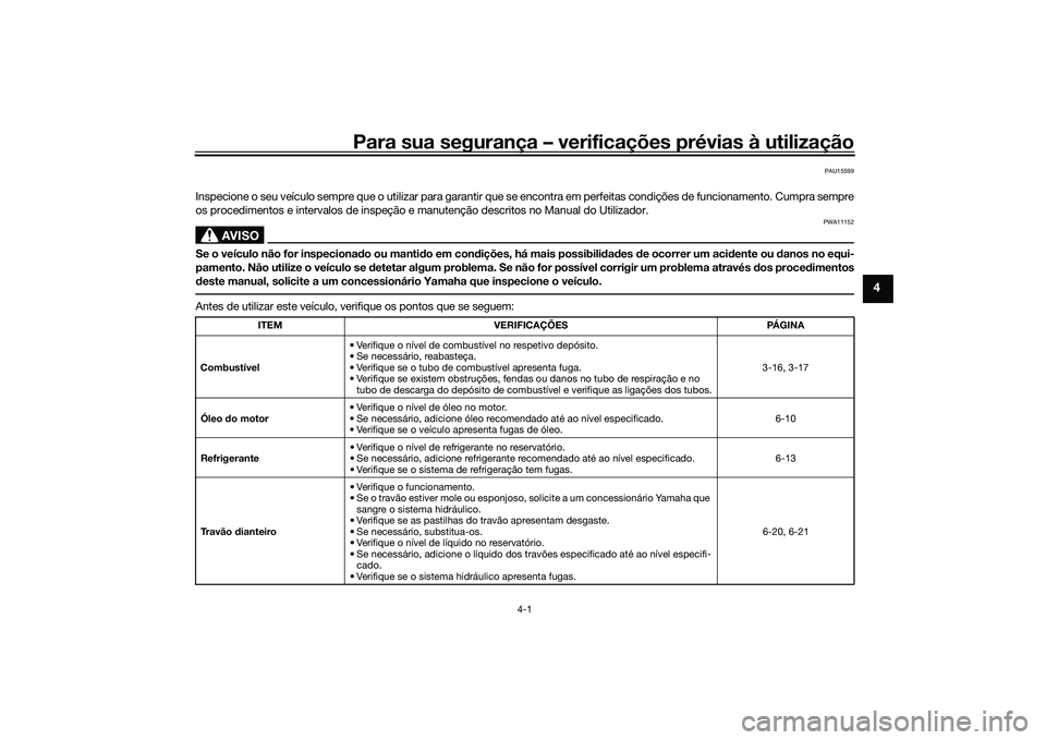 YAMAHA MT-03 2016 Manual de utilização (in Portuguese) Para sua segurança – verificações prévias à utilização
4-1
4
PAU15599
Inspecione o seu veículo sempre que o utilizar para garantir que se encontra em perfeitas condições de funcionamento. YAMAHA MT-03 2016 Manual de utilização (in Portuguese) Para sua segurança – verificações prévias à utilização
4-1
4
PAU15599
Inspecione o seu veículo sempre que o utilizar para garantir que se encontra em perfeitas condições de funcionamento.