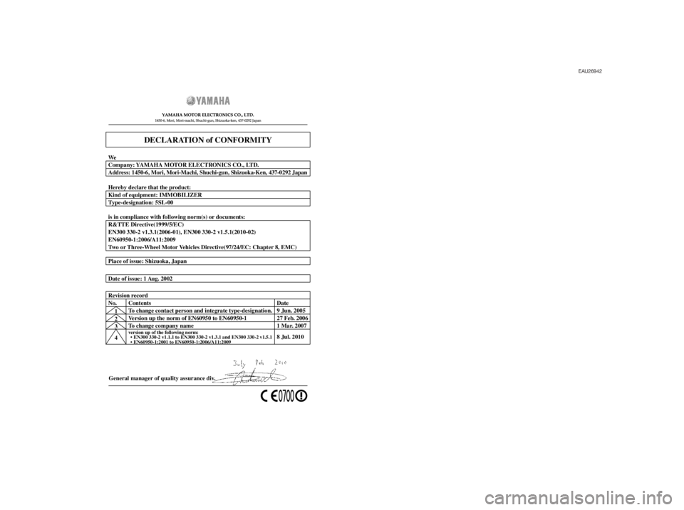 YAMAHA MT-03 2012  Owners Manual EAU26942
General manager of quality assurance div. Date of issue: 1 Aug. 2002 Place of issue: Shizuoka, Japan
DECLARATION of CONFORMITY
Company: YAMAHA MOTOR ELECTRONICS CO., LTD. We
Address: 1450-6, 