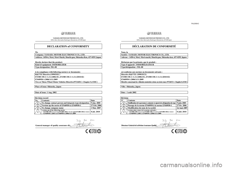 YAMAHA MT-03 2012  Notices Demploi (in French) FAU26942
General manager of quality assurance div. Date of issue: 1 Aug. 2002 Place of issue: Shizuoka, Japan
DECLARATION of CONFORMITY
Company: YAMAHA MOTOR ELECTRONICS CO., LTD. We
Address: 1450-6, 