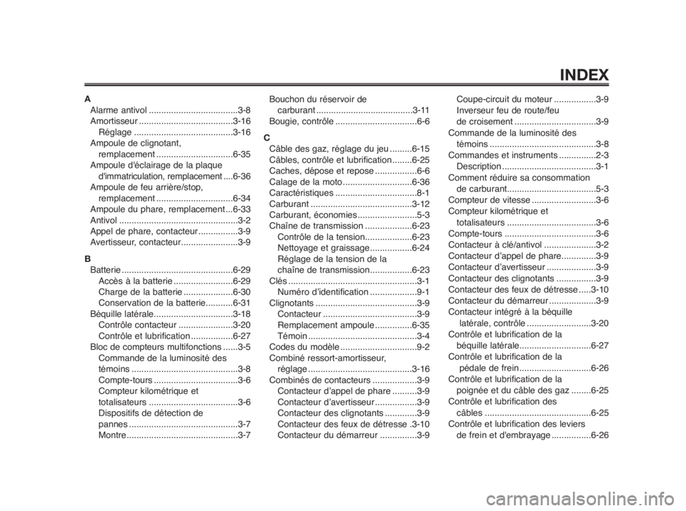 YAMAHA MT-03 2012  Notices Demploi (in French) 1
2
3
4
5
6
7
8
9
10
INDEX
A
Alarme antivol....................................3-8
Amortisseur ......................................3-16
Réglage........................................3-16
Ampoule d