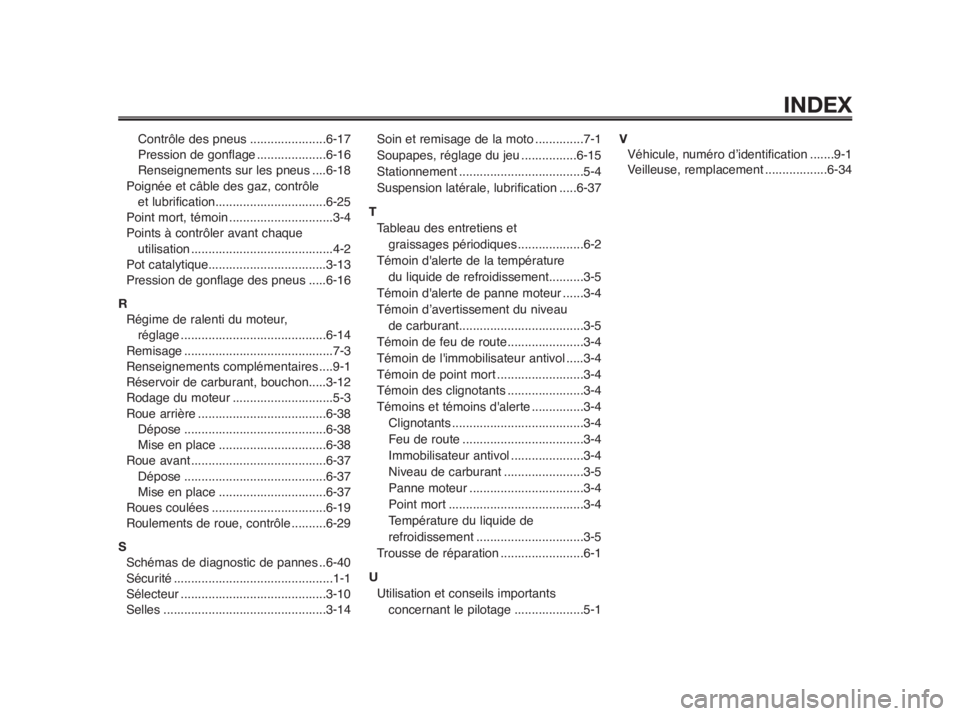 YAMAHA MT-03 2012  Notices Demploi (in French) 1
2
3
4
5
6
7
8
9
10
INDEX
Contrôle des pneus......................6-17
Pression de gonflage....................6-16
Renseignements sur les pneus ....6-18 
Poignée et câble des gaz, contrôle
et lu