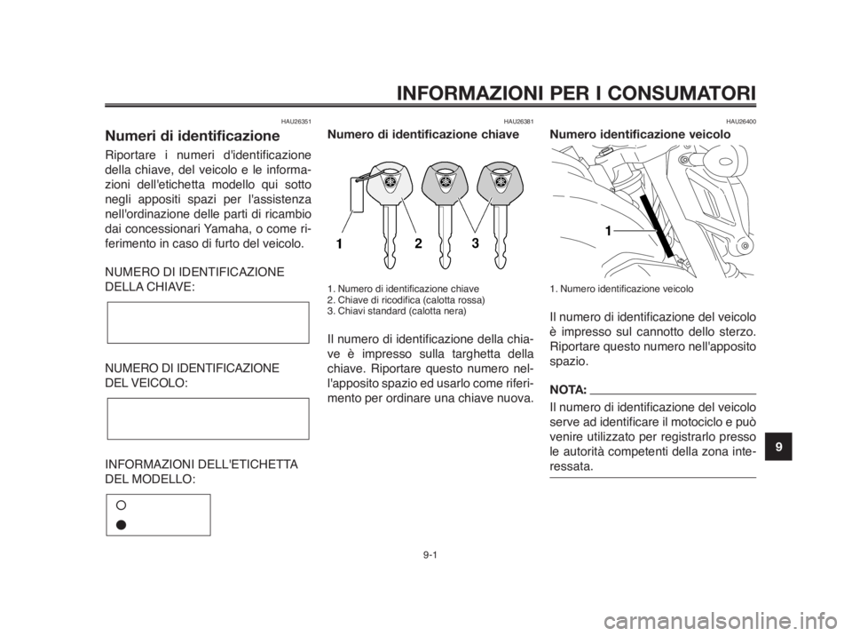 YAMAHA MT-03 2012  Manuale duso (in Italian) 1
2
3
4
5
6
7
8
9
10
INFORMAZIONI PER I CONSUMATORI
9-1
HAU26351
Numeri di identificazione
Riportare i numeri didentificazione
della chiave, del veicolo e le informa-
zioni delletichetta modello qui