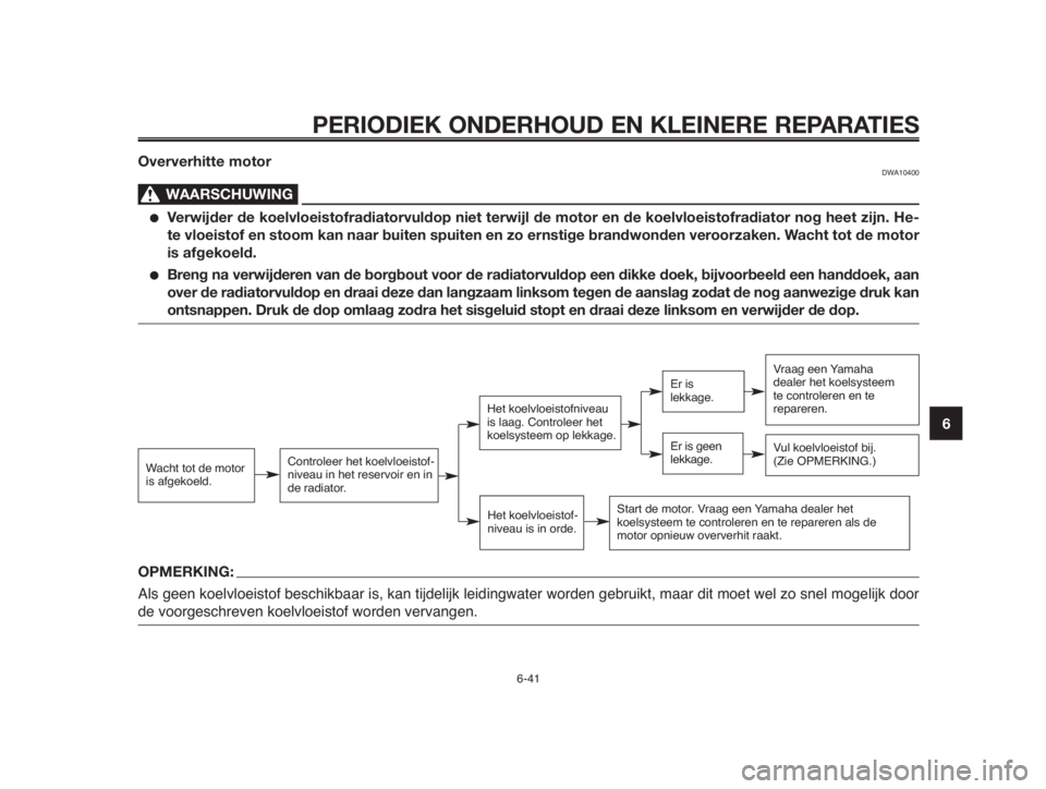 YAMAHA MT-03 2012  Instructieboekje (in Dutch) 1
2
3
4
5
6
7
8
9
10
PERIODIEK ONDERHOUD EN KLEINERE REPARATIES
6-41
Oververhitte motorDWA10400
WAARSCHUWING0
●Verwijder de koelvloeistofradiatorvuldop niet terwijl de motor en de koelvloeistofradia