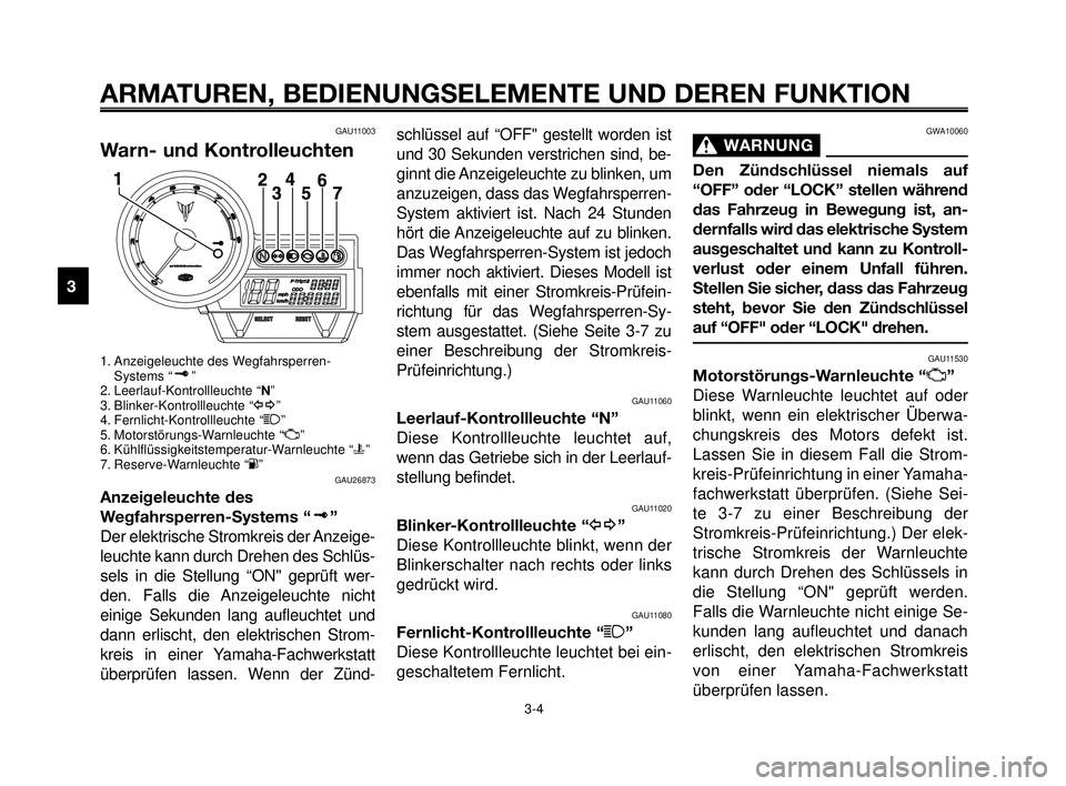 YAMAHA MT-03 2006  Betriebsanleitungen (in German) ARMATUREN, BEDIENUNGSELEMENTE UND DEREN FUNKTION
3-4
1
2
3
4
5
6
7
8
9
10
GAU11003
Warn- und Kontrolleuchten
1. Anzeigeleuchte des Wegfahrsperren-
Systems “ ”
2. Leerlauf-Kontrollleuchte “N”
3