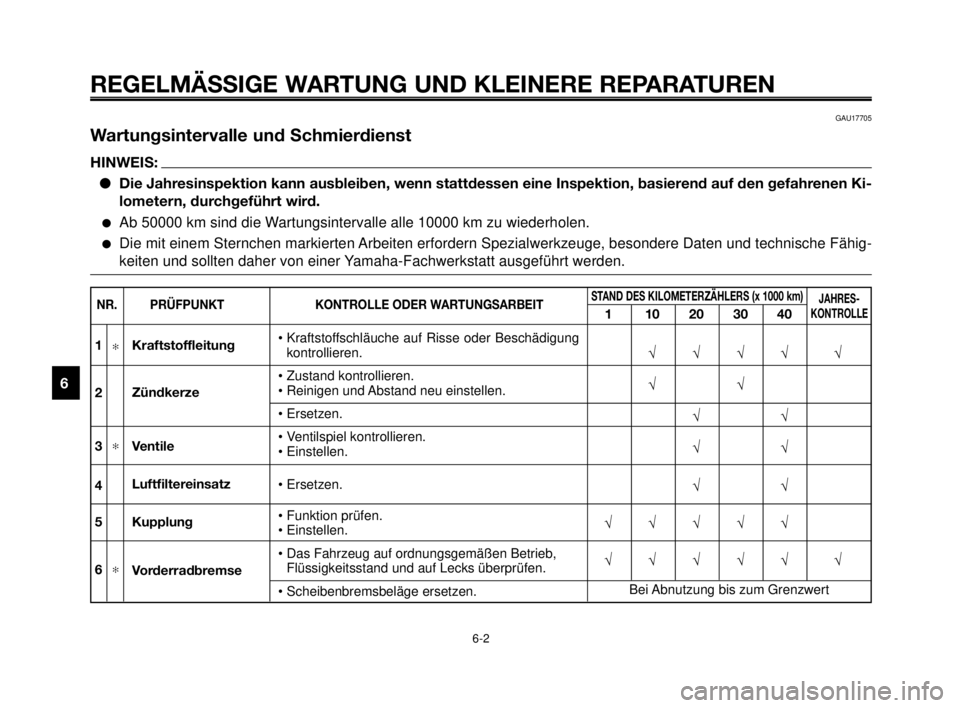 YAMAHA MT-03 2007  Betriebsanleitungen (in German) REGELMÄSSIGE WARTUNG UND KLEINERE REPARATUREN
GAU17705
Wartungsintervalle und Schmierdienst
HINWEIS:
Die Jahresinspektion kann ausbleiben, wenn stattdessen eine Inspektion, basierend auf den gefahre