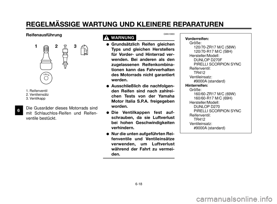 YAMAHA MT-03 2006  Betriebsanleitungen (in German) REGELMÄSSIGE WARTUNG UND KLEINERE REPARATUREN
Reifenausführung
1. Reifenventil
2. Ventileinsätz
3. Ventilkapp
Die Gussräder dieses Motorrads sind
mit Schlauchlos-Reifen und Reifen-
ventile bestüc