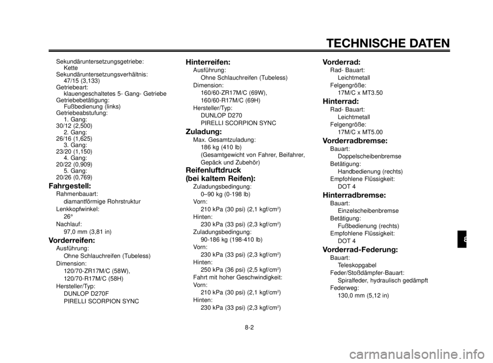 YAMAHA MT-03 2007  Betriebsanleitungen (in German) 1
2
3
4
5
6
7
8
9
10
TECHNISCHE DATEN
8-2
Sekundäruntersetzungsgetriebe:
Kette
Sekundäruntersetzungsverhältnis:
47/15 (3,133)
Getriebeart:
klauengeschaltetes 5- Gang- Getriebe
Getriebebetätigung:
