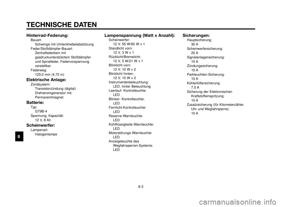 YAMAHA MT-03 2006  Betriebsanleitungen (in German) TECHNISCHE DATEN
8-3
1
2
3
4
5
6
7
8
9
10
Hinterrad-Federung:Bauart:
Schwinge mit Umlenkhebelabstützung
Feder/Stoßdämpfer-Bauart:
Zentralfederbein mit
gasdruckunterstütztem Stoßdämpfer 
und Spir