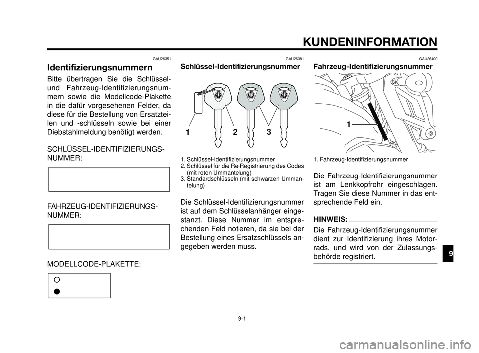 YAMAHA MT-03 2006  Betriebsanleitungen (in German) 1
2
3
4
5
6
7
8
9
10
KUNDENINFORMATION
9-1
GAU26351
Identifizierungsnummern
Bitte übertragen Sie die Schlüssel-
und Fahrzeug-Identifizierungsnum-
mern sowie die Modellcode-Plakette
in die dafür vor