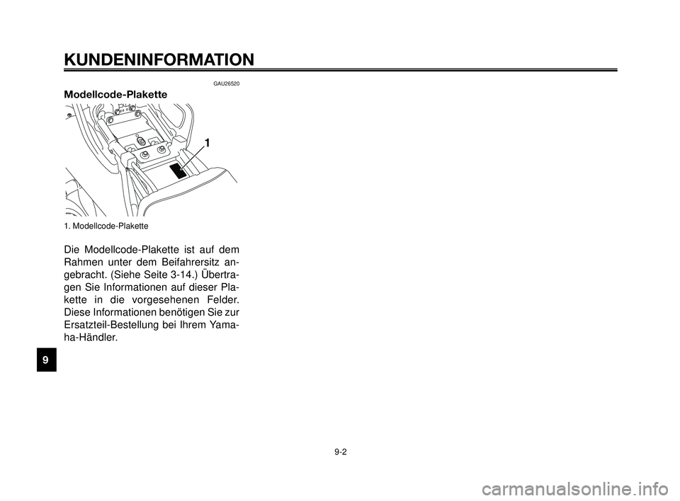 YAMAHA MT-03 2007  Betriebsanleitungen (in German) KUNDENINFORMATION
9-2
1
2
3
4
5
6
7
8
9
10
GAU26520
Modellcode-Plakette
1. Modellcode-Plakette
Die Modellcode-Plakette ist auf dem
Rahmen unter dem Beifahrersitz an-
gebracht. (Siehe Seite 3-14.) Übe