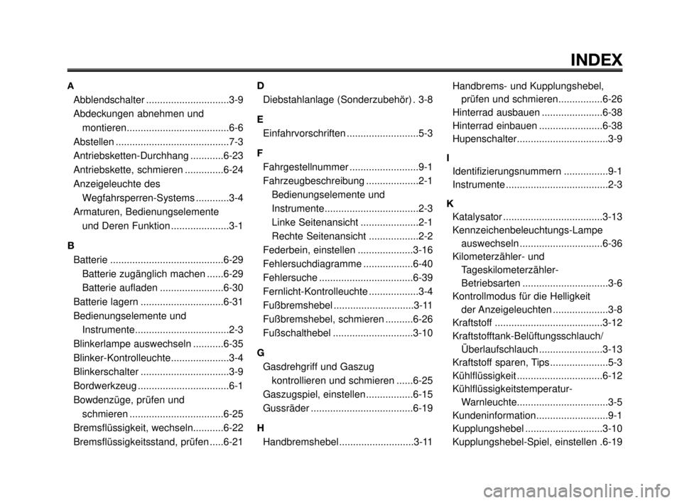 YAMAHA MT-03 2007  Betriebsanleitungen (in German) 1
2
3
4
5
6
7
8
9
10
INDEX
A
Abblendschalter ..............................3-9
Abdeckungen abnehmen und 
montieren.....................................6-6
Abstellen ...................................