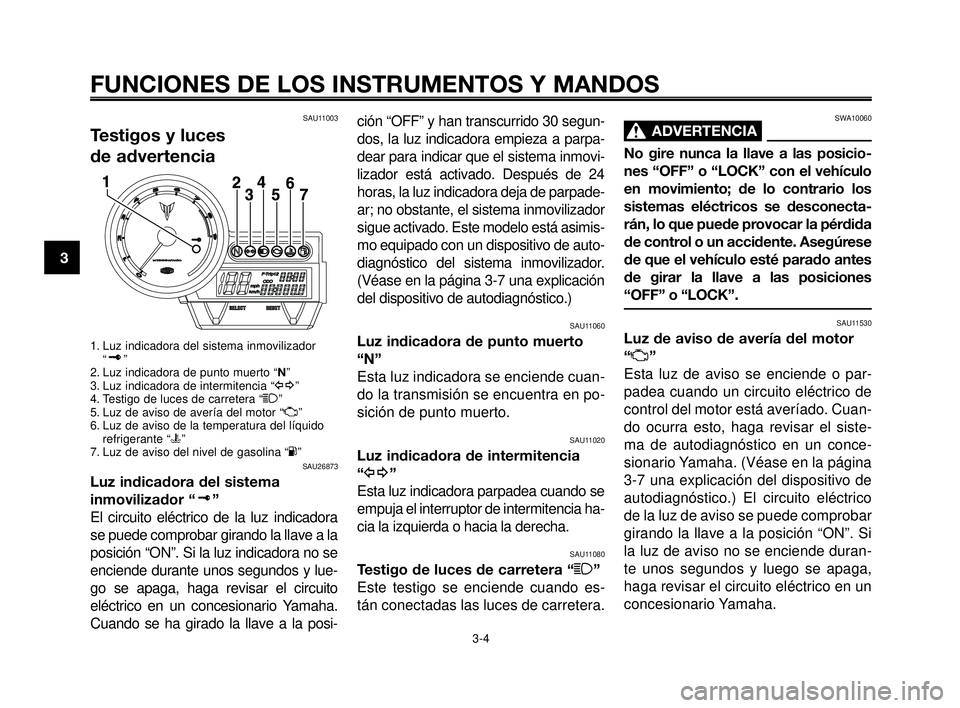 YAMAHA MT-03 2006  Manuale de Empleo (in Spanish) FUNCIONES DE LOS INSTRUMENTOS Y MANDOS
3-4
1
2
3
4
5
6
7
8
9
10
SAU11003
Testigos y luces 
de advertencia
1. Luz indicadora del sistema inmovilizador 
“”
2. Luz indicadora de punto muerto “N”
