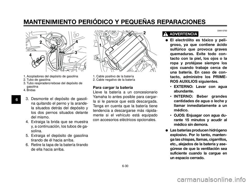 YAMAHA MT-03 2006  Manuale de Empleo (in Spanish) MANTENIMIENTO PERIÓDICO Y PEQUEÑAS REPARACIONES
1. Acopladores del depósito de gasolina
2. Tubo de gasolina
3. Tubo respiradero/rebose del depósito de
gasolina
4. Bridas
3. Desmonte el depósito d