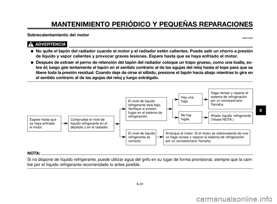 YAMAHA MT-03 2006  Manuale de Empleo (in Spanish) 1
2
3
4
5
6
7
8
9
10
MANTENIMIENTO PERIÓDICO Y PEQUEÑAS REPARACIONES
6-41
Sobrecalentamiento del motorSWA10400
ADVERTENCIA0
No quite el tapón del radiador cuando el motor y el radiador estén cali
