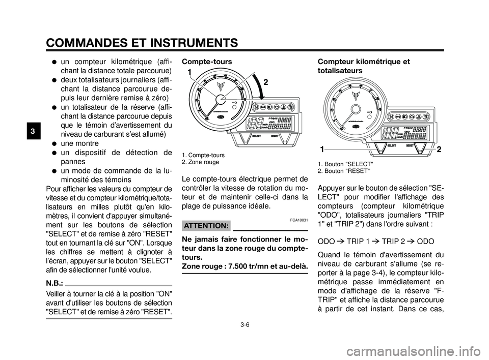 YAMAHA MT-03 2006  Notices Demploi (in French) COMMANDES ET INSTRUMENTS
3-6
1
2
3
4
5
6
7
8
9
10
un compteur kilométrique (affi-
chant la distance totale parcourue)
deux totalisateurs journaliers (affi-
chant la distance parcourue de-
puis leur