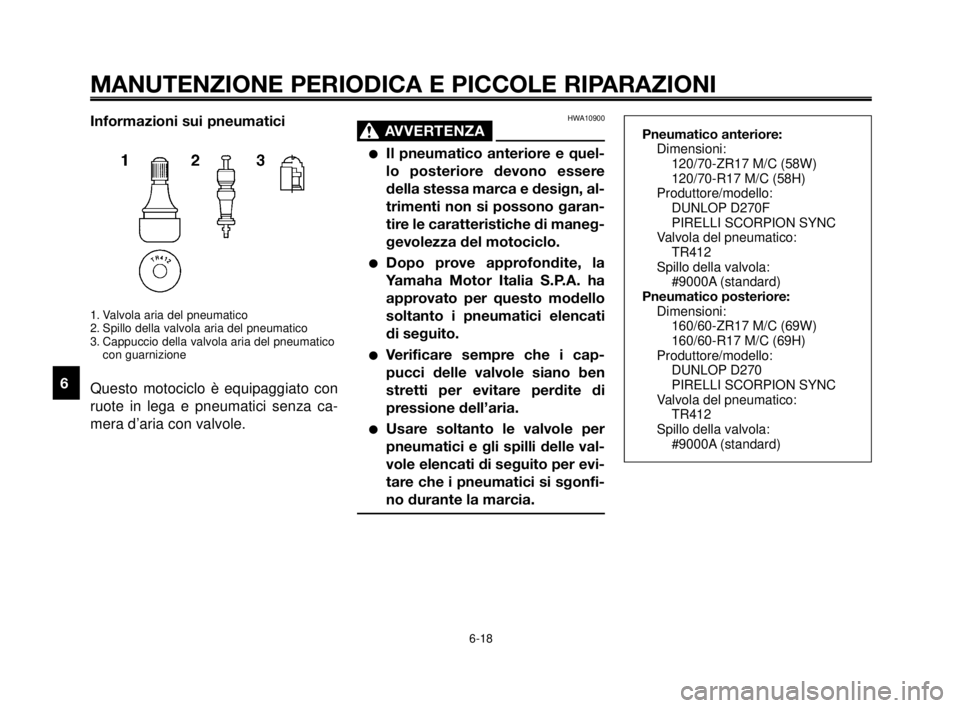 YAMAHA MT-03 2006  Manuale duso (in Italian) MANUTENZIONE PERIODICA E PICCOLE RIPARAZIONI
Informazioni sui pneumatici
1. Valvola aria del pneumatico
2. Spillo della valvola aria del pneumatico
3. Cappuccio della valvola aria del pneumatico
con g