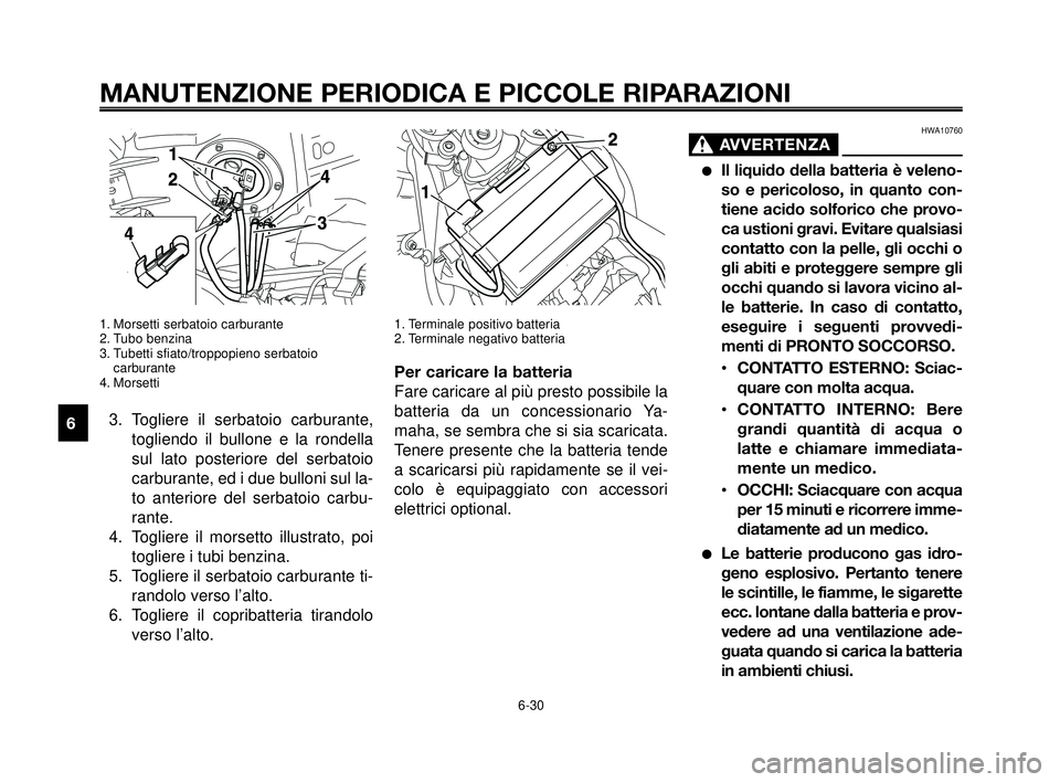 YAMAHA MT-03 2006  Manuale duso (in Italian) MANUTENZIONE PERIODICA E PICCOLE RIPARAZIONI
1. Morsetti serbatoio carburante
2. Tubo benzina
3. Tubetti sfiato/troppopieno serbatoio
carburante
4. Morsetti
3. Togliere il serbatoio carburante,
toglie