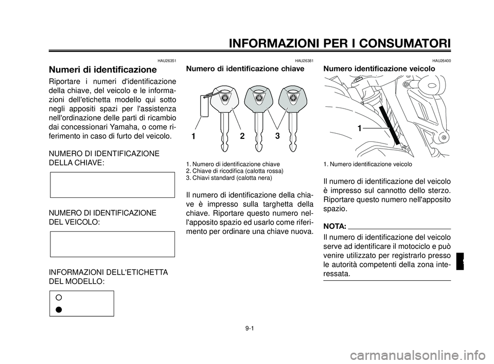 YAMAHA MT-03 2007  Manuale duso (in Italian) 1
2
3
4
5
6
7
8
9
10
INFORMAZIONI PER I CONSUMATORI
9-1
HAU26351
Numeri di identificazione
Riportare i numeri didentificazione
della chiave, del veicolo e le informa-
zioni delletichetta modello qui