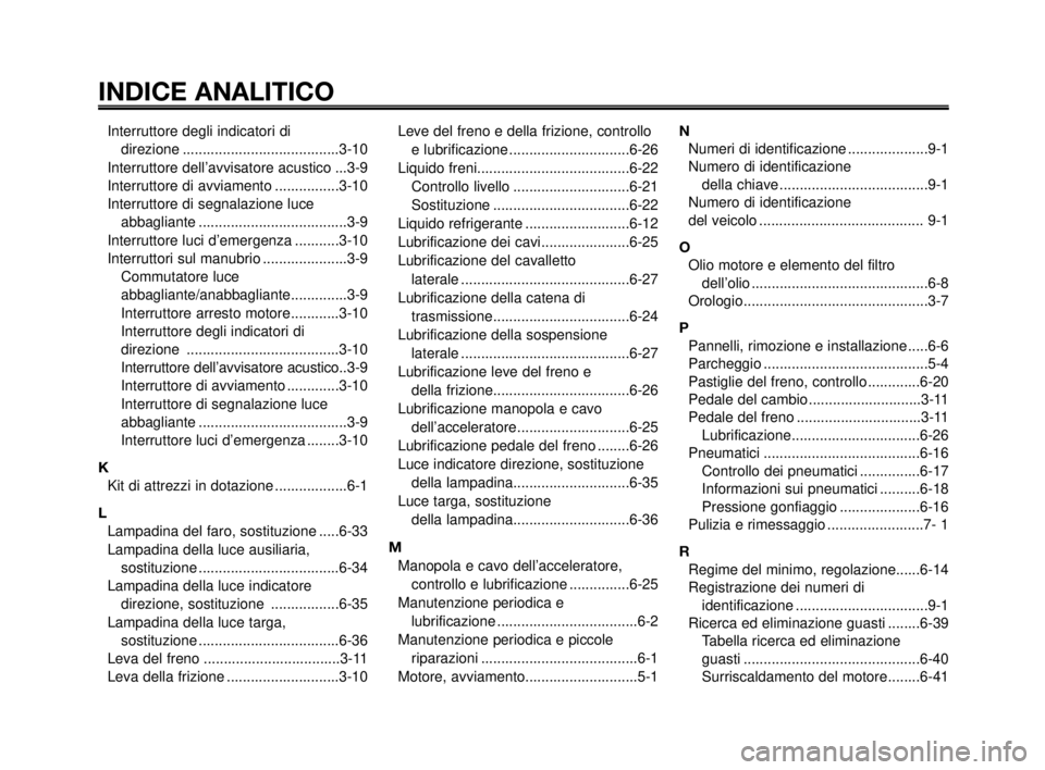 YAMAHA MT-03 2006 Manuale duso (in Italian) INDICE ANALITICO
1
2
3
4
5
6
7
8
9
10
Interruttore degli indicatori di
direzione .......................................3-10
Interruttore dell’avvisatore acustico ...3-9
Interruttore di avviamento YAMAHA MT-03 2006 Manuale duso (in Italian) INDICE ANALITICO
1
2
3
4
5
6
7
8
9
10
Interruttore degli indicatori di
direzione .......................................3-10
Interruttore dell’avvisatore acustico ...3-9
Interruttore di avviamento