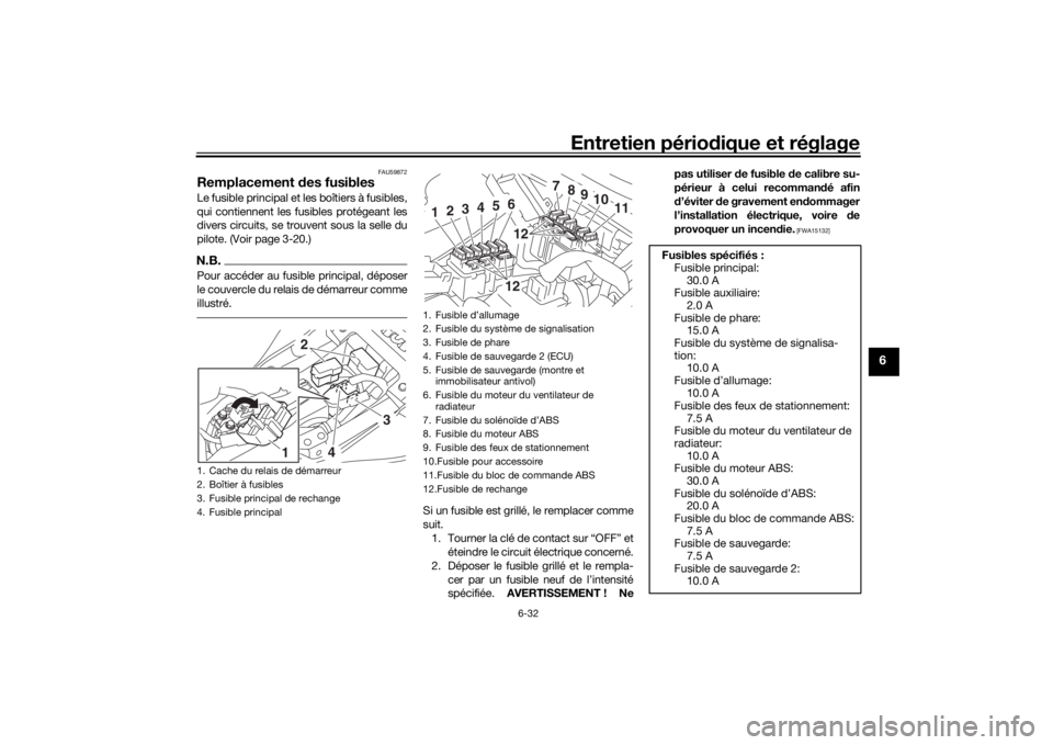 YAMAHA MT-07 2020 Notices Demploi (in French) Entretien périodique et réglage
6-32
6
FAU59872
Remplacement des fusiblesLe fusible principal et les boîtiers à fusibles,
qui contiennent les fusibles protégeant les
divers circuits, se trouvent YAMAHA MT-07 2020 Notices Demploi (in French) Entretien périodique et réglage
6-32
6
FAU59872
Remplacement des fusiblesLe fusible principal et les boîtiers à fusibles,
qui contiennent les fusibles protégeant les
divers circuits, se trouvent