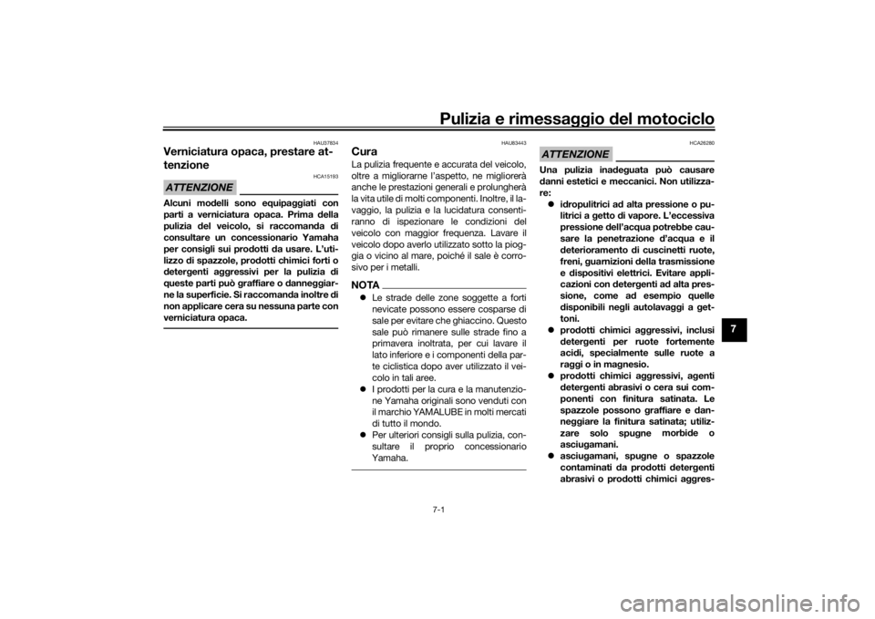 YAMAHA MT-07 2019  Manuale duso (in Italian) Pulizia e rimessaggio del motociclo7-1
7
HAU37834
Verniciatura opaca, prestare at-
tenzioneATTENZIONE
HCA15193
Alcuni mo delli sono e quipa ggiati con
parti a verniciatura opaca. Prima d ella
pulizia 
