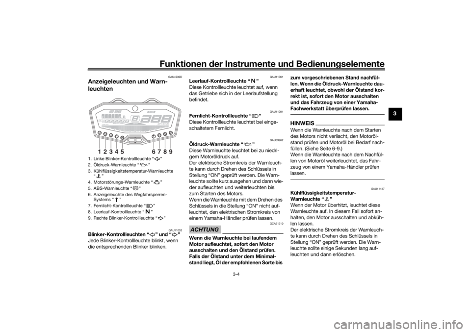YAMAHA MT-07 2018  Betriebsanleitungen (in German) Funktionen der Instru mente un d Be dienun gselemente
3-4
3
GAU4939D
Anzei geleuchten un d Warn-
leuchten
GAU11032
Blinker-Kontrollleuchten “ ” un d“”
Jede Blinker-Kontrollleuchte blinkt, wenn