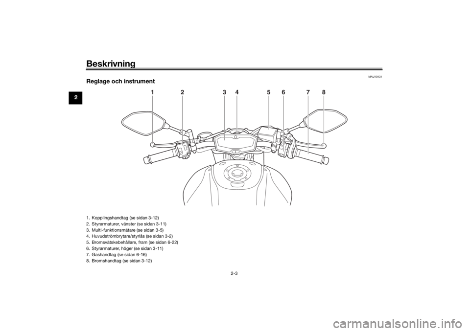 YAMAHA MT-07 2017 Bruksanvisningar (in Swedish) Beskrivning
2-3
2
MAU10431
Reglage och instrument
1
2
3
4
5
6
7
8
1. Kopplingshandtag (se sidan 3-12)
2. Styrarmaturer, vänster (se sidan 3-11)
3. Multi-funktionsmätare (se sidan 3-5)
4. Huvudström YAMAHA MT-07 2017 Bruksanvisningar (in Swedish) Beskrivning
2-3
2
MAU10431
Reglage och instrument
1
2
3
4
5
6
7
8
1. Kopplingshandtag (se sidan 3-12)
2. Styrarmaturer, vänster (se sidan 3-11)
3. Multi-funktionsmätare (se sidan 3-5)
4. Huvudström