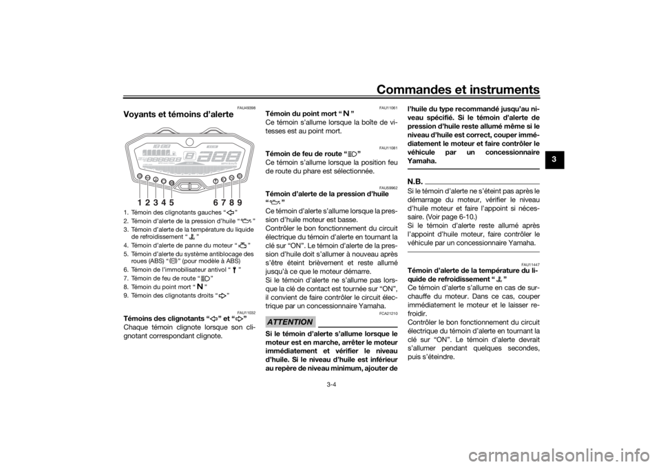 YAMAHA MT-07 2016 Notices Demploi (in French) Commandes et instruments
3-4
3
FAU49398
Voyants et témoins d’alerte
FAU11032
Témoins des clignotants “ ” et “ ”
Chaque témoin clignote lorsque son cli-
gnotant correspondant clignote.
F YAMAHA MT-07 2016 Notices Demploi (in French) Commandes et instruments
3-4
3
FAU49398
Voyants et témoins d’alerte
FAU11032
Témoins des clignotants “ ” et “ ”
Chaque témoin clignote lorsque son cli-
gnotant correspondant clignote.
F