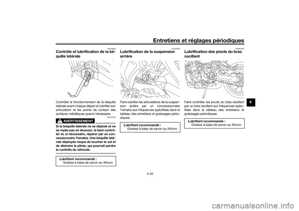 YAMAHA MT-07 2016  Notices Demploi (in French) Entretiens et réglages périodiques
6-28
6
FAU23203
Contrôle et lubrification  de la bé-
quille latéraleContrôler le fonctionnement de la béquille
latérale avant chaque départ et lubrifier son