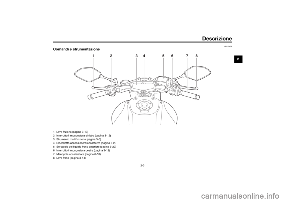 YAMAHA MT-07 2016 Manuale duso (in Italian) Descrizione
2-3
2
HAU10431
Comandi e strumentazione
1
2
3
4
5
6
7
8
1. Leva frizione (pagina 3-13)
2. Interruttori impugnatura sinistra (pagina 3-12)
3. Strumento multifunzione (pagina 3-5)
4. Blocche YAMAHA MT-07 2016 Manuale duso (in Italian) Descrizione
2-3
2
HAU10431
Comandi e strumentazione
1
2
3
4
5
6
7
8
1. Leva frizione (pagina 3-13)
2. Interruttori impugnatura sinistra (pagina 3-12)
3. Strumento multifunzione (pagina 3-5)
4. Blocche