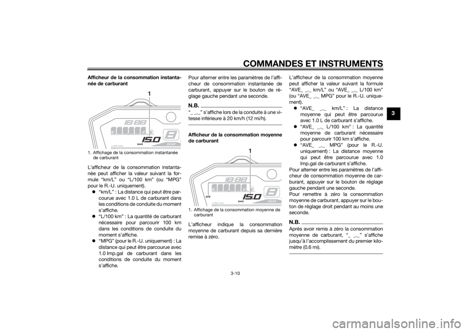YAMAHA MT-07 2015  Notices Demploi (in French) COMMANDES ET INSTRUMENTS
3-10
3
Afficheur de la consommation instanta-
née  de carburant
L’afficheur de la consommation instanta-
née peut afficher la valeur suivant la for-
mule “km/L” ou “