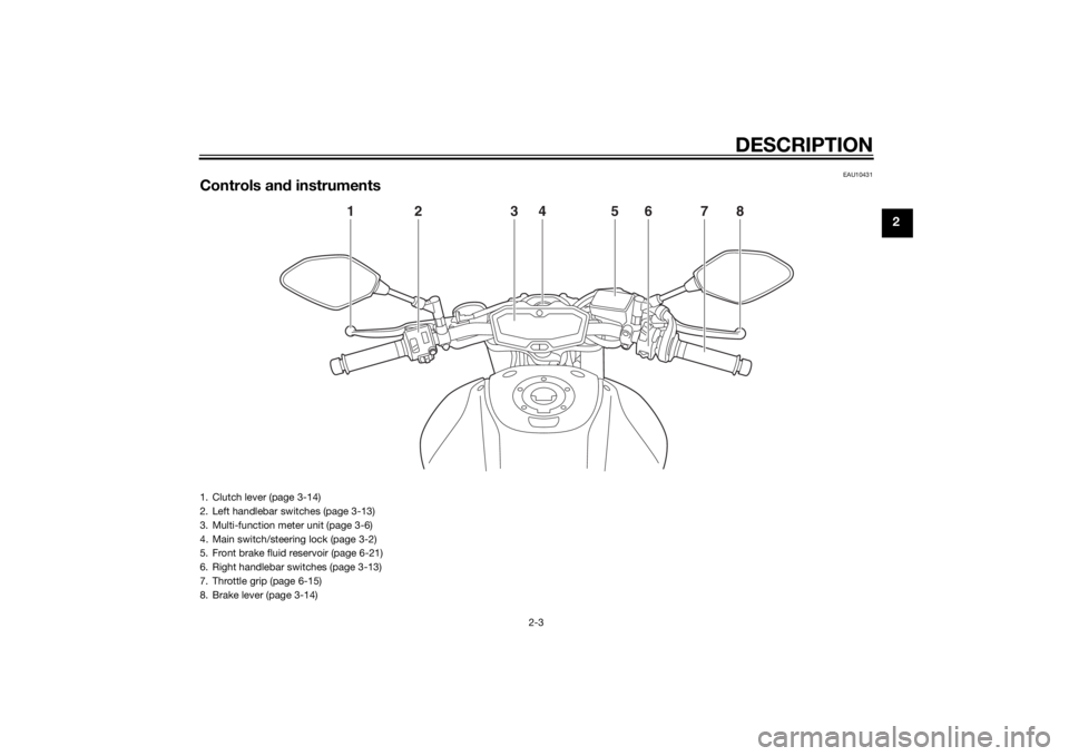 YAMAHA MT-07 2014  Owners Manual DESCRIPTION
2-3
2
EAU10431
Controls and instruments
1
2
3
4
5
6
7
8
1. Clutch lever (page 3-14)
2. Left handlebar switches (page 3-13)
3. Multi-function meter unit (page 3-6)
4. Main switch/steering l